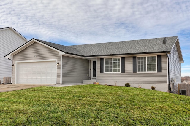 ranch-style home with entry steps, a garage, a shingled roof, concrete driveway, and a front yard