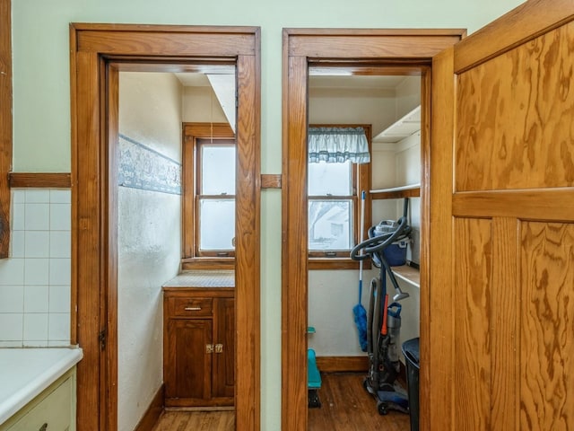 bathroom featuring wood finished floors and baseboards