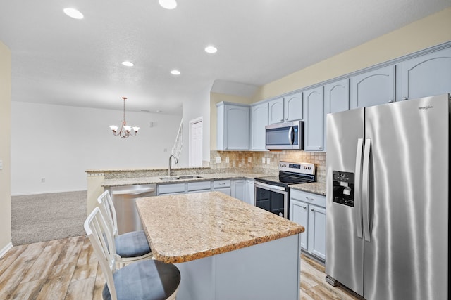 kitchen with stainless steel appliances, a sink, hanging light fixtures, backsplash, and a center island