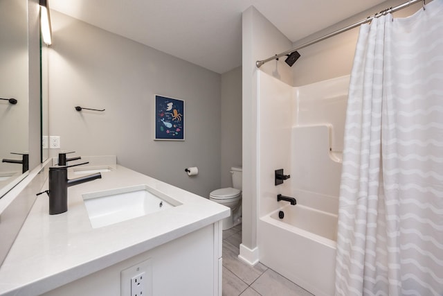 full bath featuring toilet, a sink, tile patterned floors, double vanity, and shower / bathtub combination with curtain