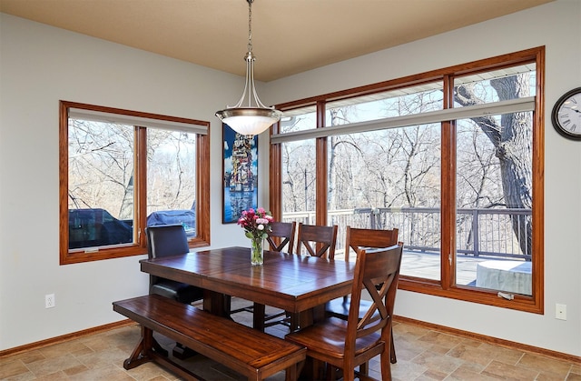 dining room featuring stone finish floor, a healthy amount of sunlight, and baseboards