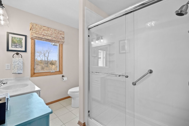 bathroom with vanity, a shower stall, toilet, and tile patterned floors