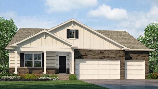 view of front facade with a garage, board and batten siding, concrete driveway, and roof with shingles