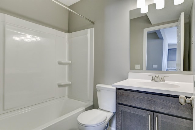 full bath with tub / shower combination, vanity, and toilet