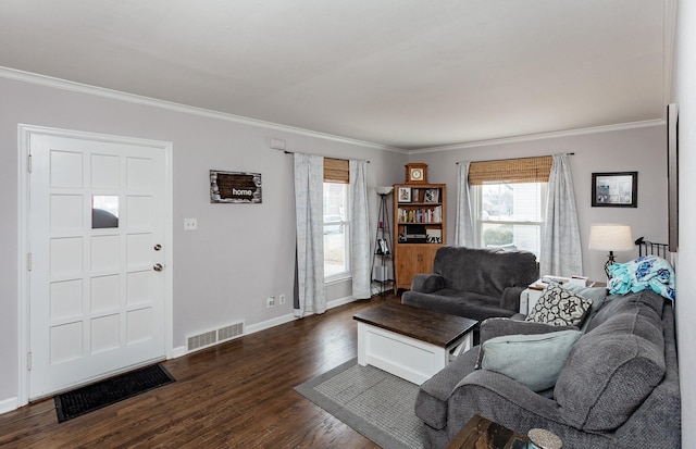 living area featuring ornamental molding, visible vents, dark wood finished floors, and baseboards