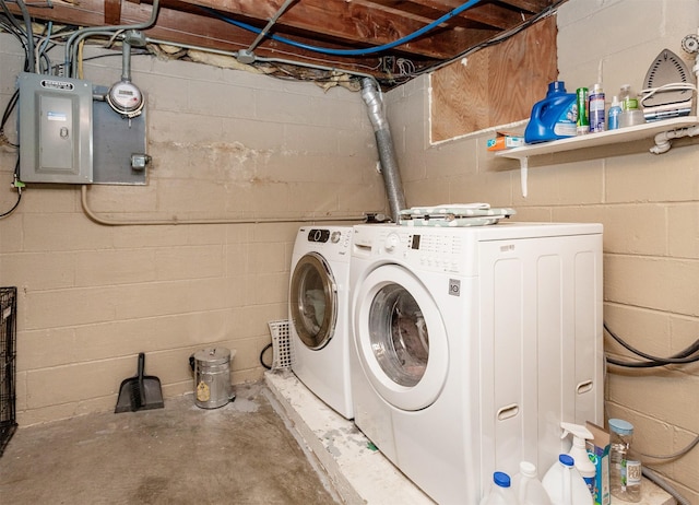 laundry room featuring laundry area, electric panel, and washing machine and clothes dryer