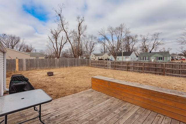 wooden terrace with a fenced backyard and a residential view