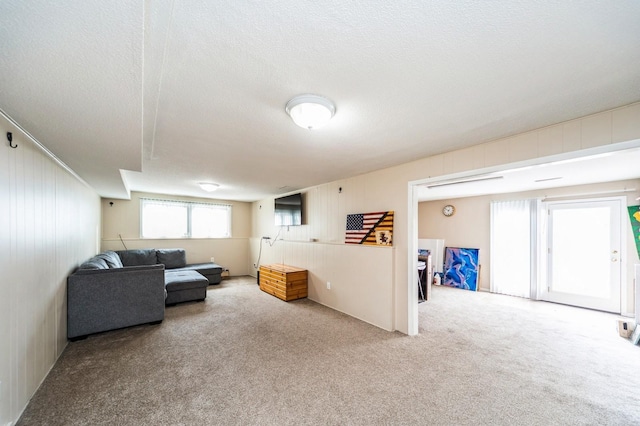 living room with a textured ceiling and light colored carpet