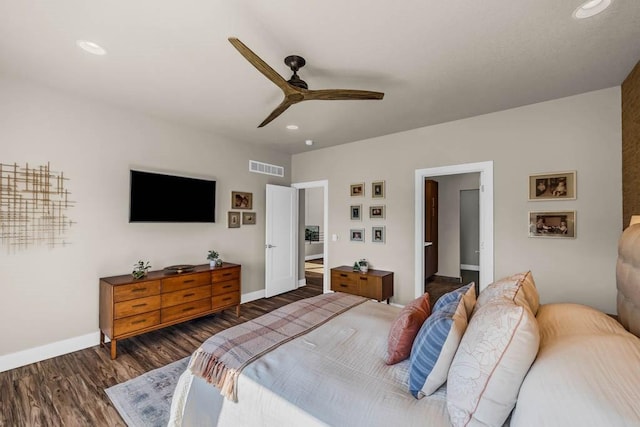 bedroom featuring baseboards, visible vents, dark wood finished floors, ceiling fan, and recessed lighting