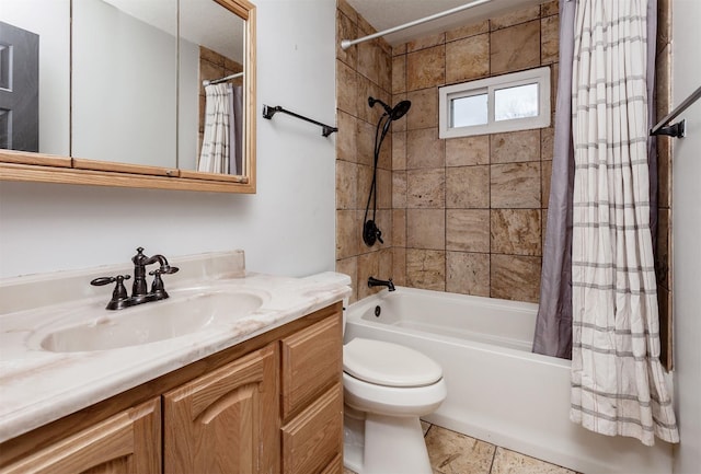 full bath with shower / bathtub combination with curtain, toilet, and vanity