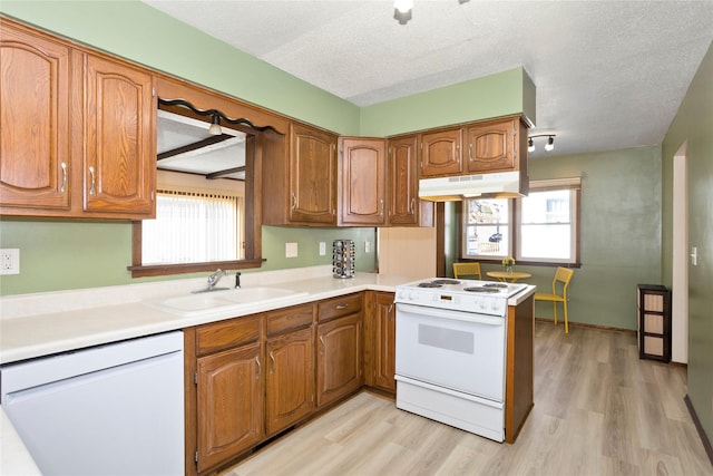 kitchen featuring brown cabinets, light wood-style floors, a sink, white appliances, and under cabinet range hood