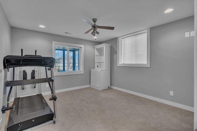 workout room with recessed lighting, a ceiling fan, visible vents, baseboards, and carpet