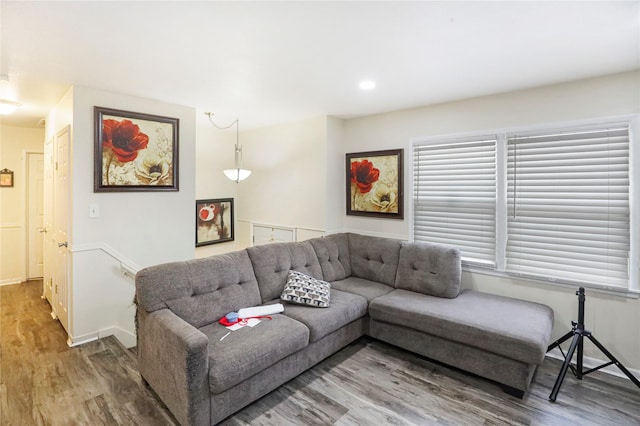 living area featuring baseboards and wood finished floors