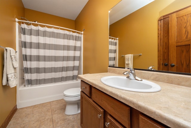 full bath featuring toilet, shower / tub combo, tile patterned flooring, and vanity