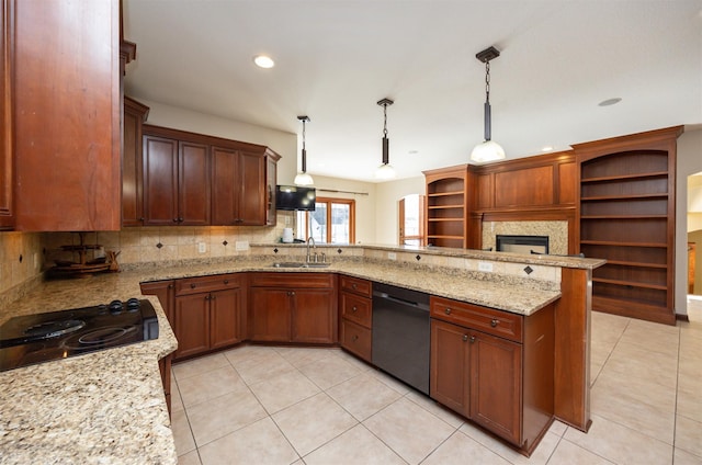 kitchen featuring decorative backsplash, a peninsula, black appliances, open shelves, and a sink