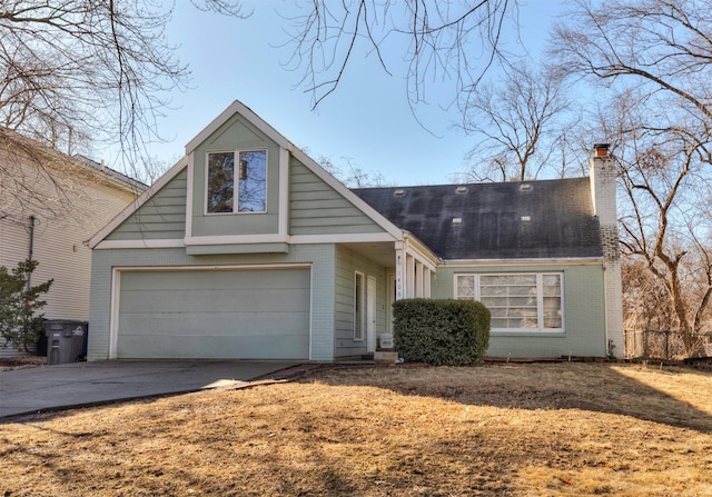 view of front of house with an attached garage, brick siding, driveway, roof with shingles, and a chimney