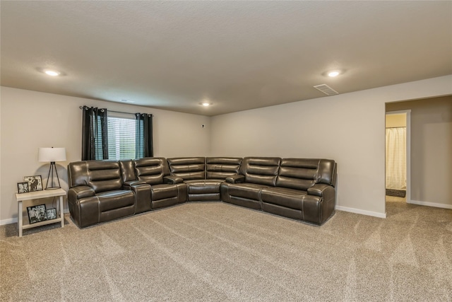 living room with recessed lighting, carpet, visible vents, and baseboards