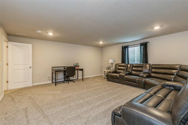 living room featuring carpet floors, recessed lighting, visible vents, and baseboards