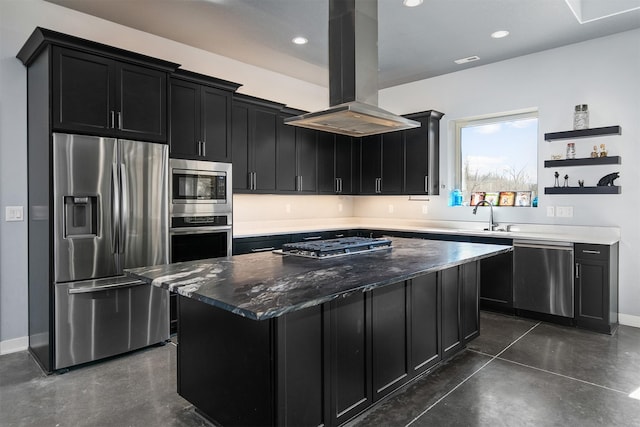 kitchen with island range hood, stainless steel appliances, concrete floors, dark cabinetry, and a center island