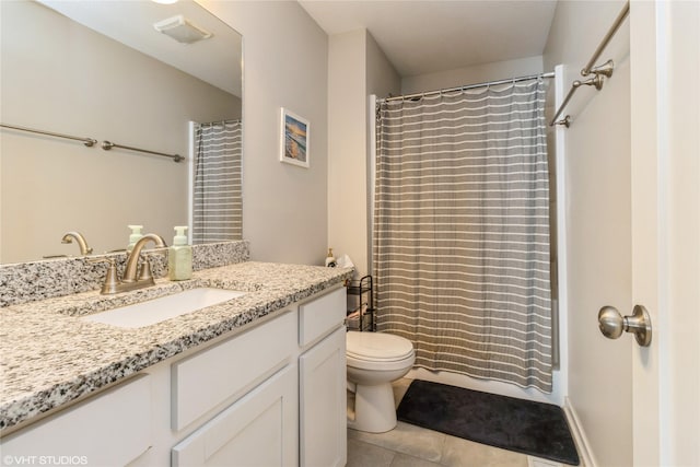 full bath featuring visible vents, toilet, a shower with curtain, tile patterned floors, and vanity