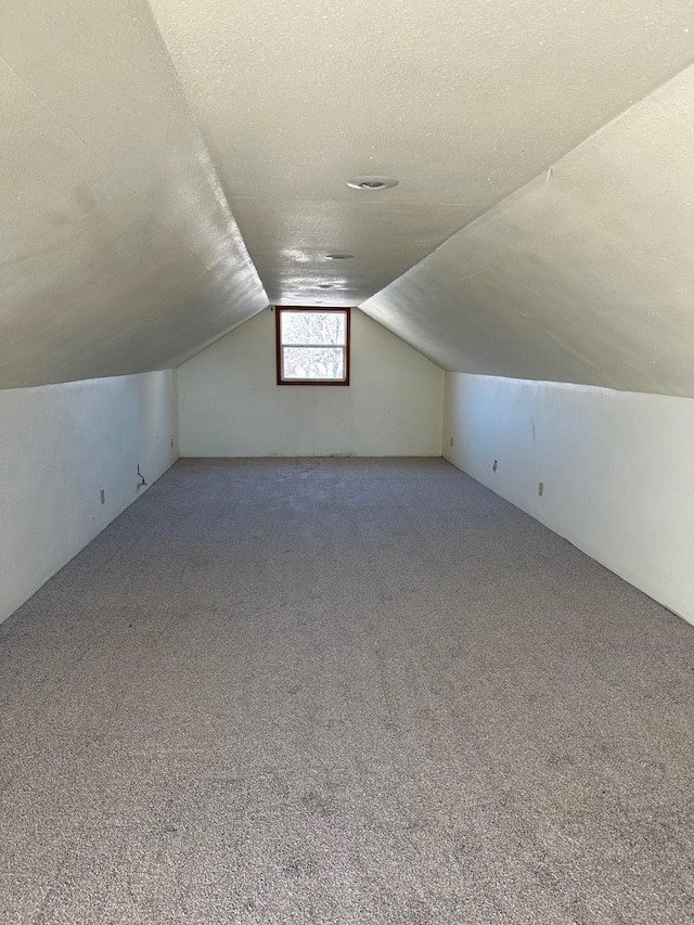 additional living space with carpet, vaulted ceiling, and a textured ceiling