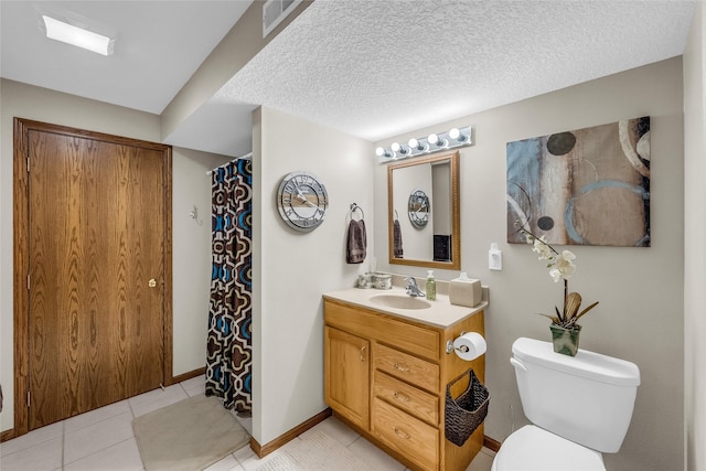 full bath featuring visible vents, toilet, a textured ceiling, vanity, and tile patterned flooring