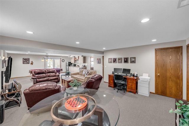 living room with light carpet, baseboards, visible vents, and recessed lighting