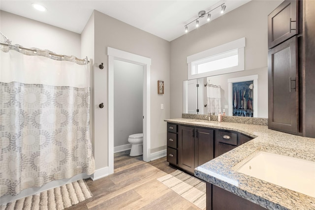 full bath featuring toilet, vanity, wood finished floors, a shower with curtain, and baseboards