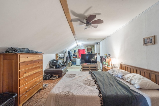 bedroom featuring lofted ceiling and ceiling fan