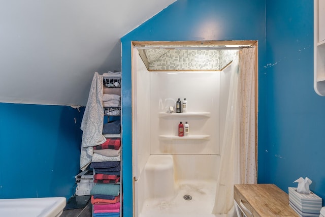 bathroom featuring lofted ceiling and a shower stall