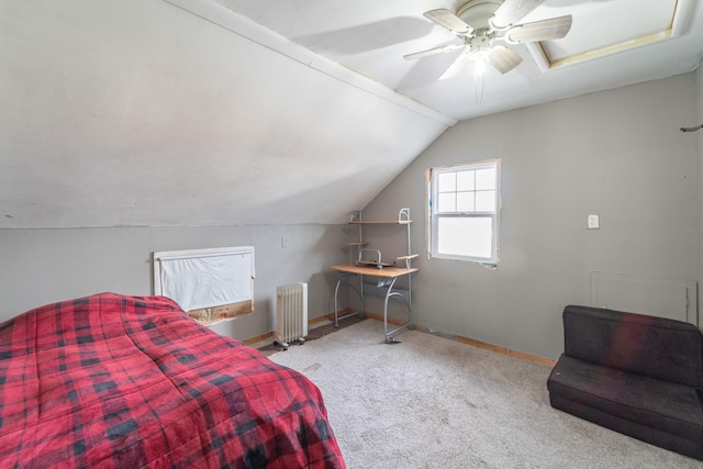 bedroom featuring carpet floors, lofted ceiling, radiator heating unit, a ceiling fan, and baseboards