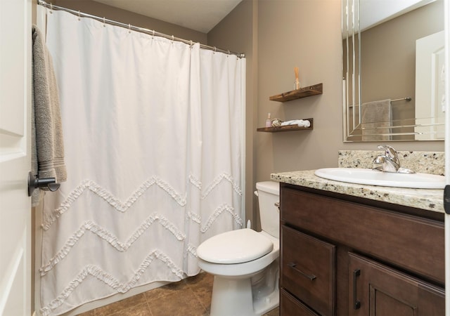 14201 Brookview Dr, Urbandale, IA 50323 - bathroom with toilet, vanity, tile patterned floors, and curtained shower