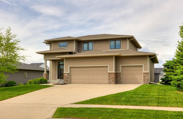 14201 Brookview Dr, Urbandale, IA 50323 - prairie-style home featuring driveway, a front lawn, an attached garage, and stone siding