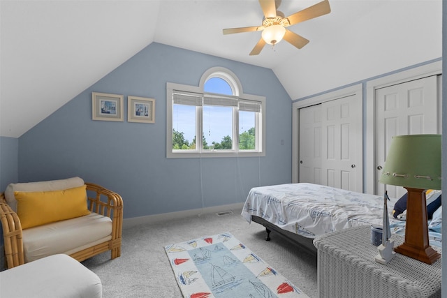 1905 W Olive St, Marshalltown, IA 50158 - bedroom featuring lofted ceiling, carpet, ceiling fan, and baseboards