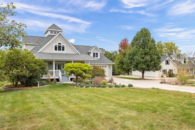 shingle-style home with a porch, concrete driveway, and a front lawn