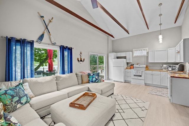 living area featuring light wood-type flooring and high vaulted ceiling