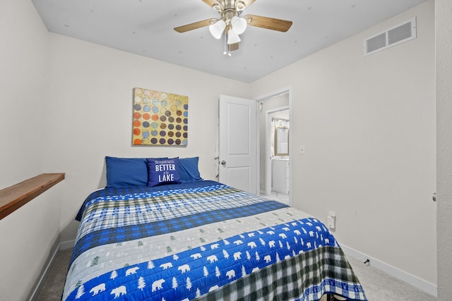 carpeted bedroom with a ceiling fan, visible vents, and baseboards