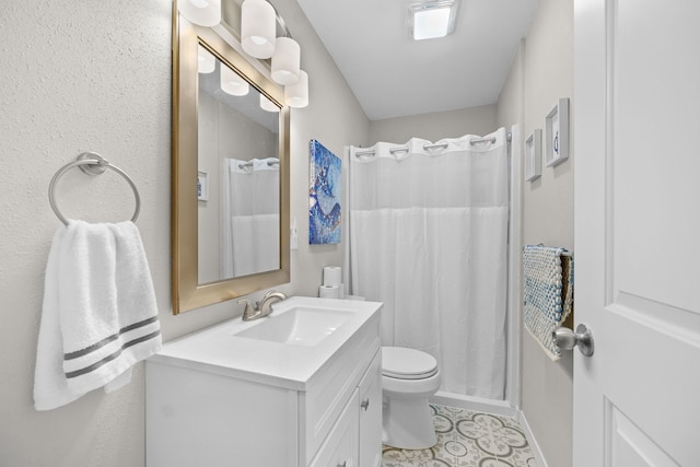 full bath with toilet, curtained shower, vanity, and tile patterned floors