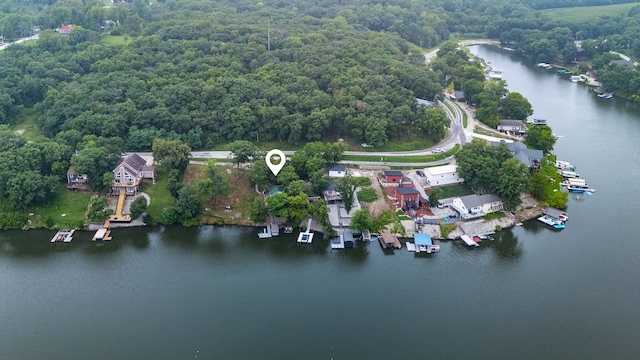 birds eye view of property featuring a water view and a forest view