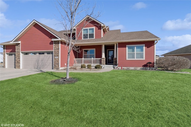 view of front of home featuring covered porch, concrete driveway, an attached garage, stone siding, and a front lawn