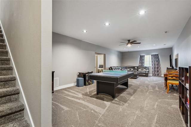 recreation room with ceiling fan, recessed lighting, carpet flooring, visible vents, and baseboards