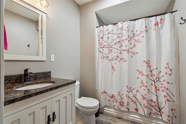 bathroom with wood finished floors, vanity, toilet, and shower / bath combo with shower curtain