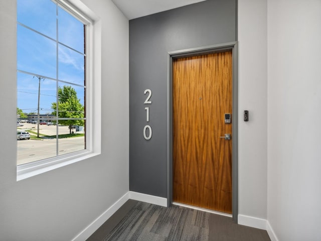 doorway to outside featuring baseboards and dark colored carpet