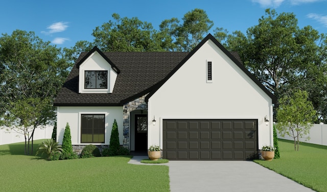 view of front of house featuring driveway, stone siding, an attached garage, fence, and a front yard