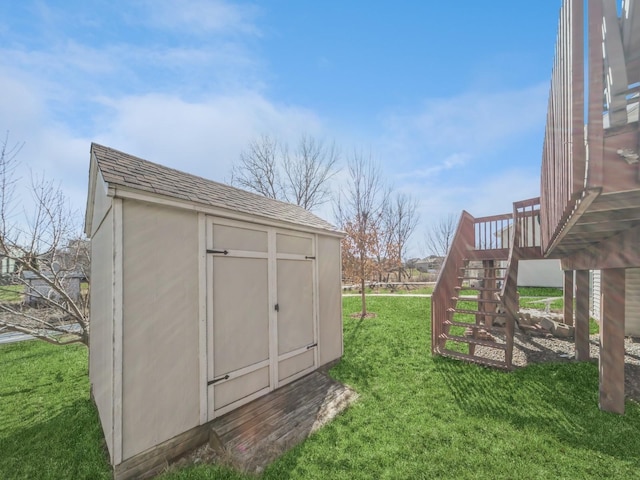 view of shed featuring stairway