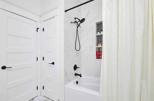 bathroom with shower / bath combination with curtain and marble finish floor