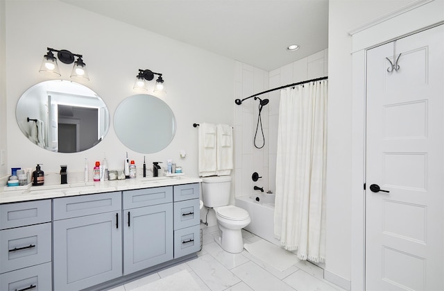 full bath featuring double vanity, toilet, marble finish floor, shower / bath combination with curtain, and a sink