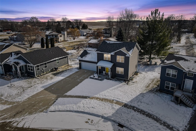 view of aerial view at dusk