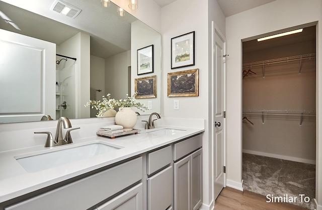 full bathroom featuring a walk in closet, visible vents, a sink, and double vanity