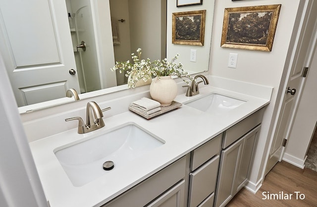 full bathroom with wood finished floors, a sink, and double vanity